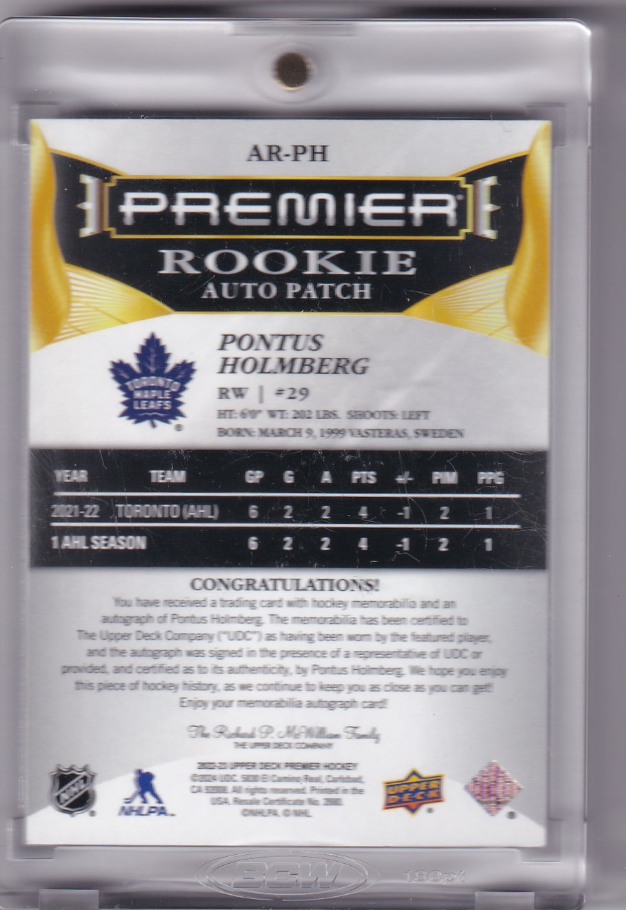 Pontus Holmberg Rookie Auto Patch /249 AR-PH 2022-23 Upper Deck Premier Rookie Card RC Toronto Maple Leafs
