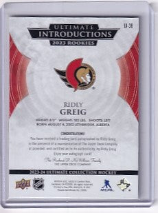 Ridly Greig Ultimate Introductions Rookie Gold Auto /25 Card UI-38 2023-24 Upper Deck Ultimate Collection Rookie Card RC Ottawa Senators