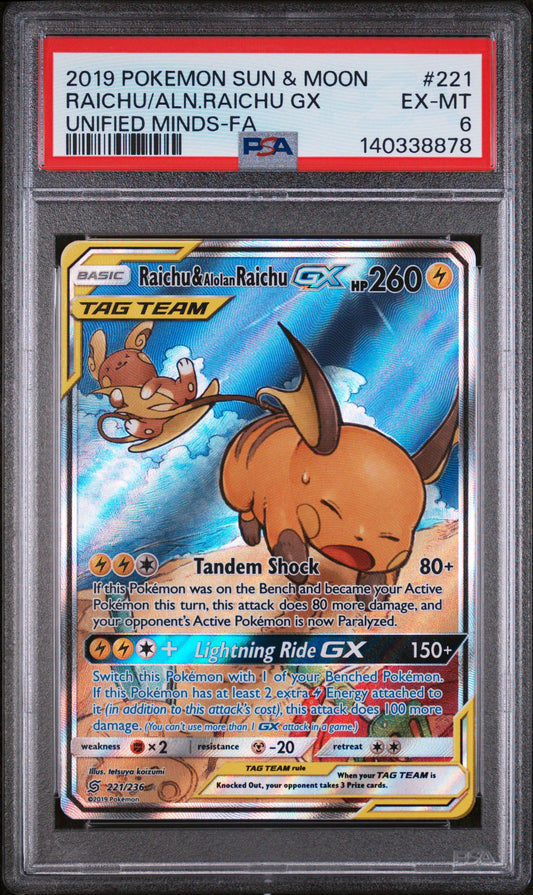 PSA EX-MT 6 Raichu & Alolan Raichu GX Tag Team Alternate Full Art - Unified Minds 221/236  Pokemon Card