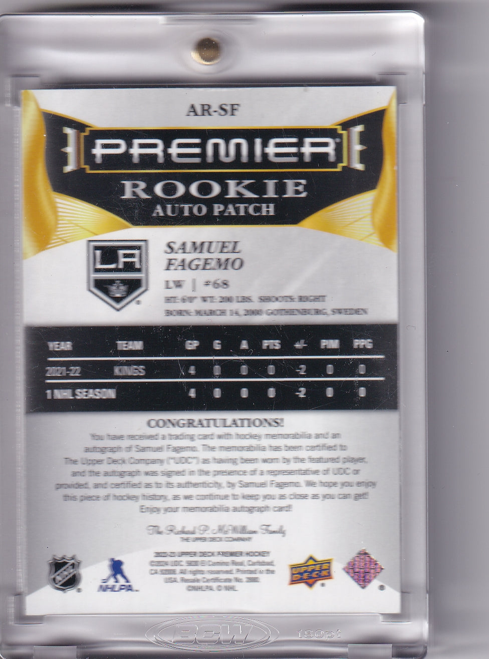 Samuel Fagemo Rookie Patch Auto /249 AR-SF 2022-23 Upper Deck Premier Rookie Card RC Los Angeles Kings