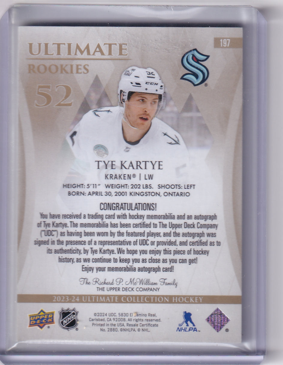 Tye Kartye Ultimate Rookie Patch Auto RPA /99 Card #197 2023-24 Upper Deck Ultimate Collection Rookie Card RC Seattle Kraken
