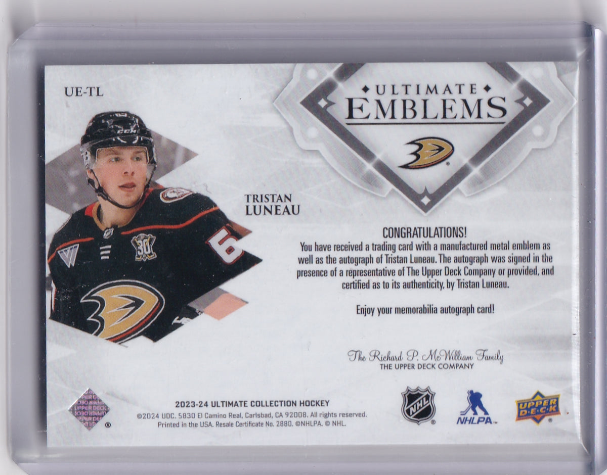 Tristan Luneau Ultimate Rookie Emblems Auto Card UE-TL 2023-24 Upper Deck Ultimate Collection Rookie Card RC Anaheim Ducks