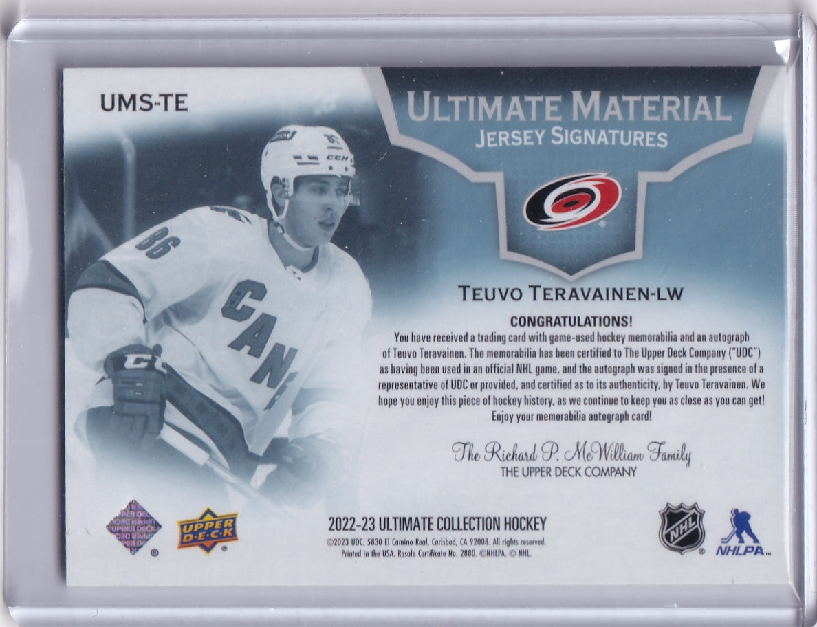 Teuvo Teravainen Ultimate Material Jersey Signatures Auto /99 Card UMS-TE 2022-23 Upper Deck Ultimate Collection Carolina Hurricanes (2023-24 Update)