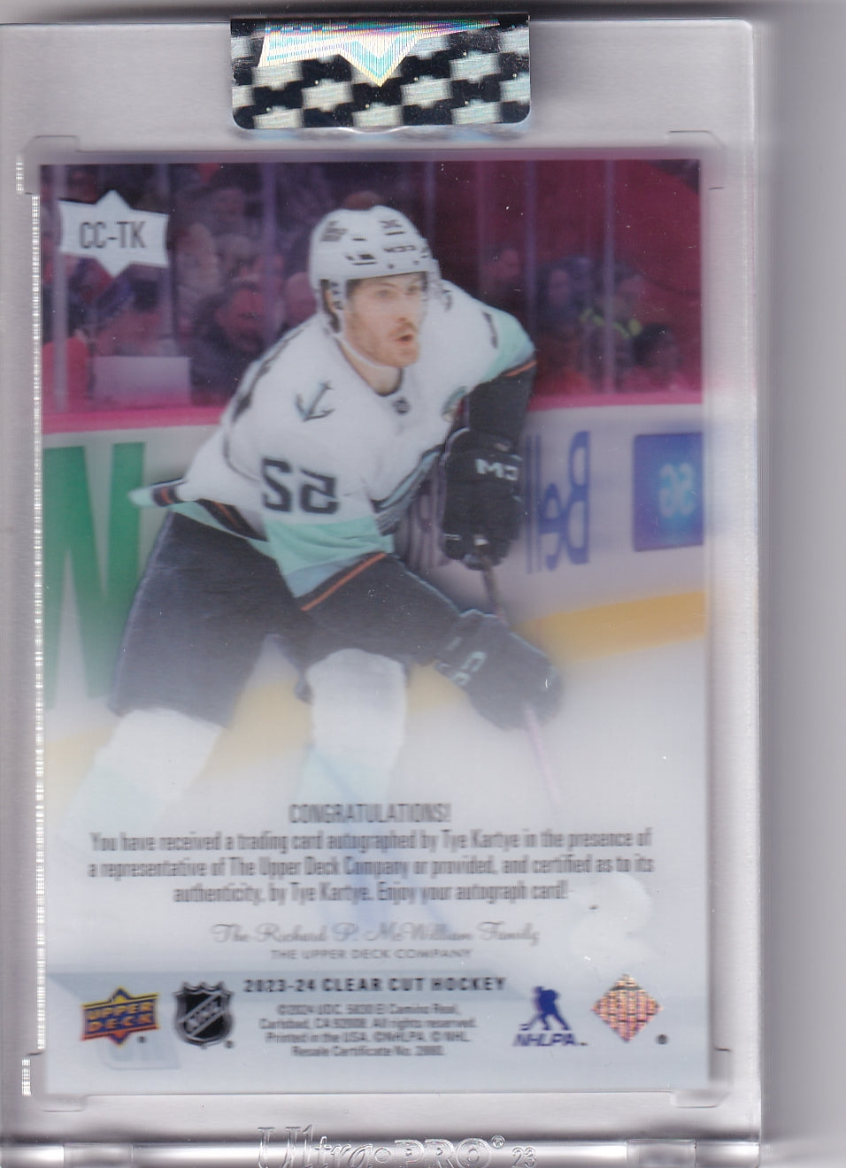 Tye Kartye Clear Cut Auto CC-TK 2023-24 Upper Deck Clear Cut Rookie Card RC Seattle Kraken