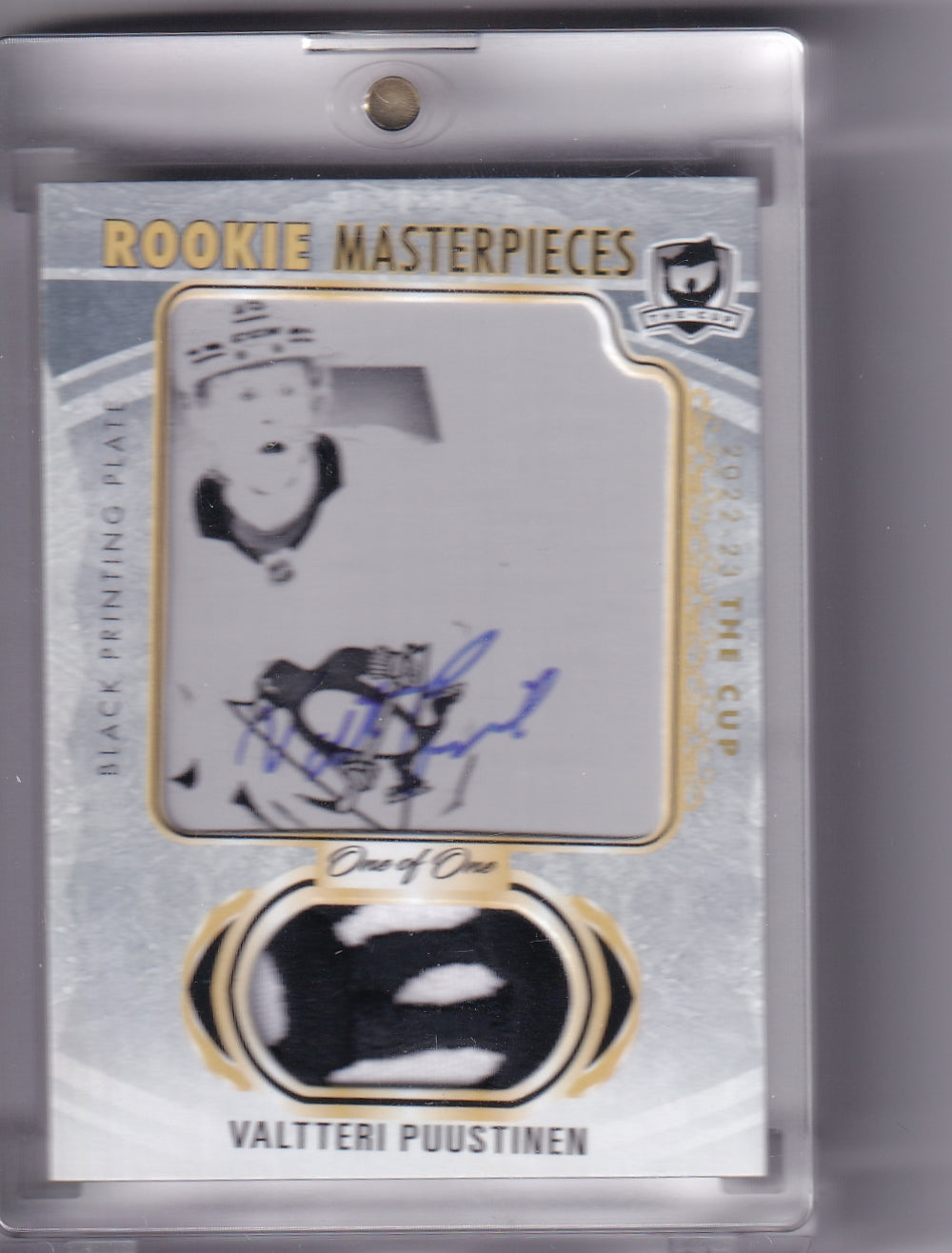 Valtteri Puustinen One Of One 1/1 Rookie Masterpieces Printing Plate Patch Auto CUP-137 2022-23 Upper Deck The Cup Rookie Card RC Pittsburgh Penguins