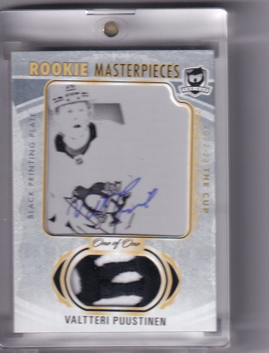 Valtteri Puustinen One Of One 1/1 Rookie Masterpieces Printing Plate Patch Auto CUP-137 2022-23 Upper Deck The Cup Rookie Card RC Pittsburgh Penguins