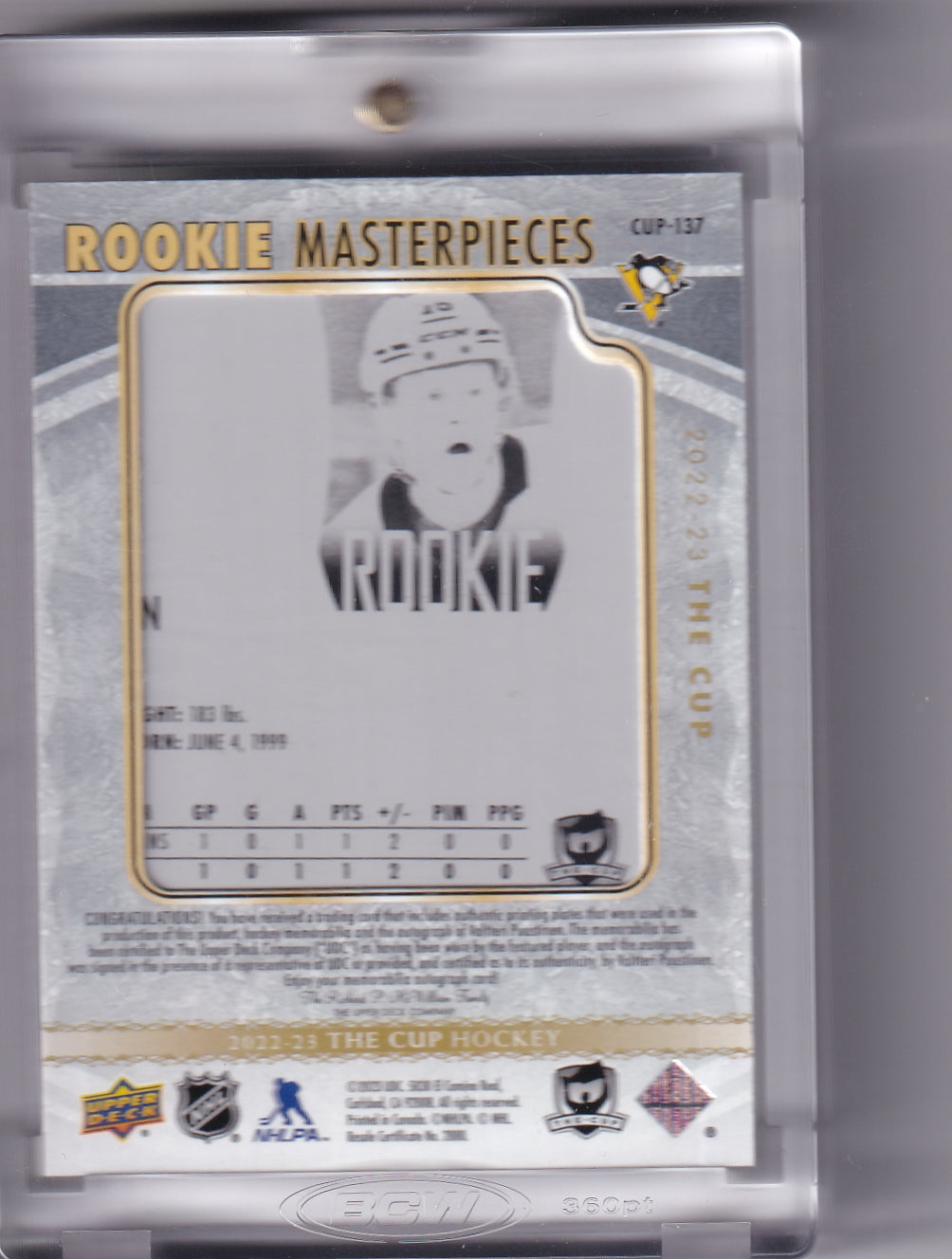 Valtteri Puustinen One Of One 1/1 Rookie Masterpieces Printing Plate Patch Auto CUP-137 2022-23 Upper Deck The Cup Rookie Card RC Pittsburgh Penguins
