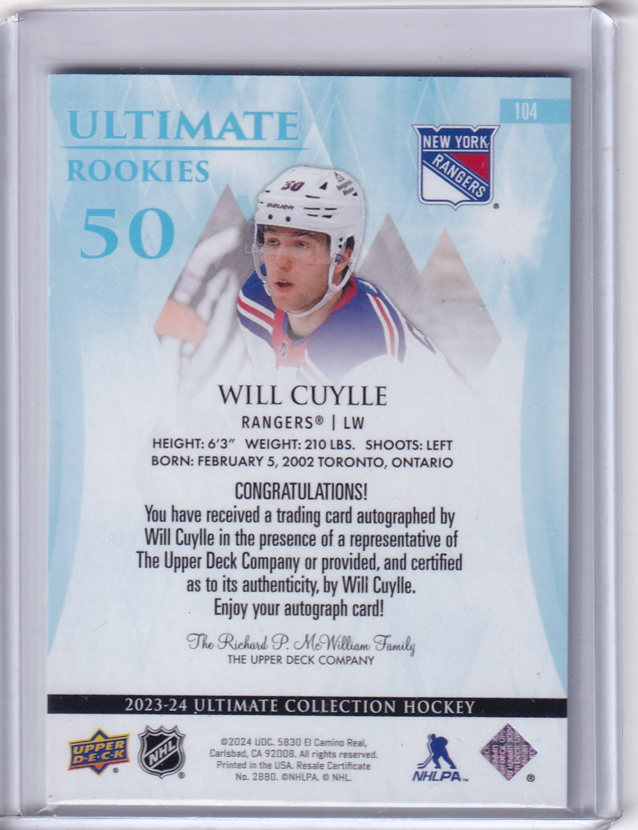 Will Cuylle Ultimate Rookies Auto Card /299 #104 2023-24 Upper deck Ultimate Collection Rookie Card RC New York Rangers