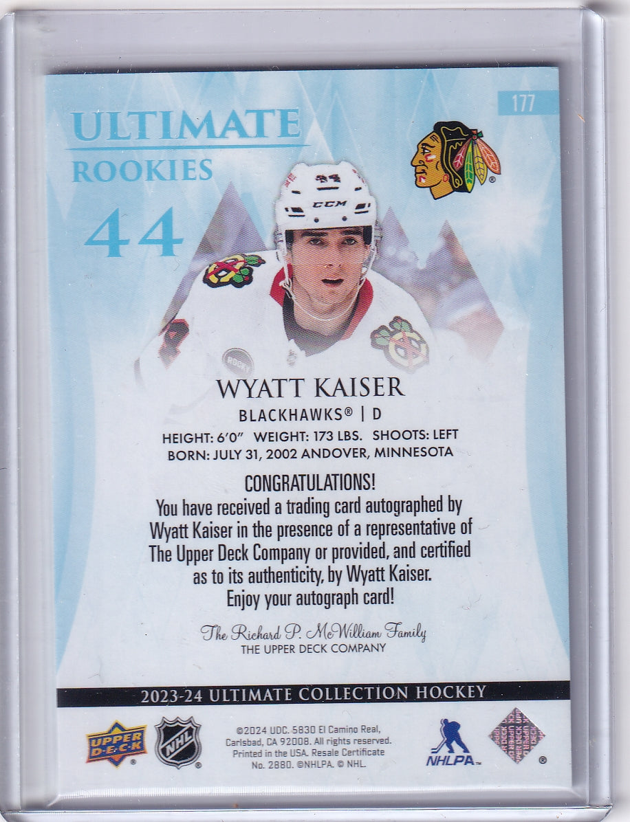 Wyatt Kaiser Ultimate Rookies Auto Card/299 #177 2023-24 Upper Deck Ultimate Collection Rookie Card RC Chicago Blackhawks