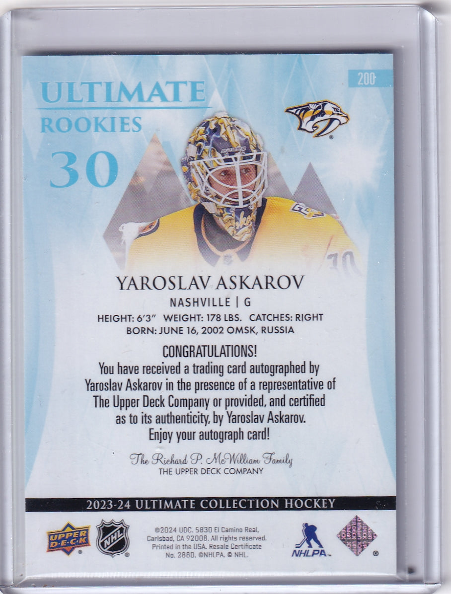 Yaroslav Askarov Ultimate Rookies Auto Card /299 #200 2023-24 Upper Deck Ultimate Collection Rookie Card RC Nashville Predators