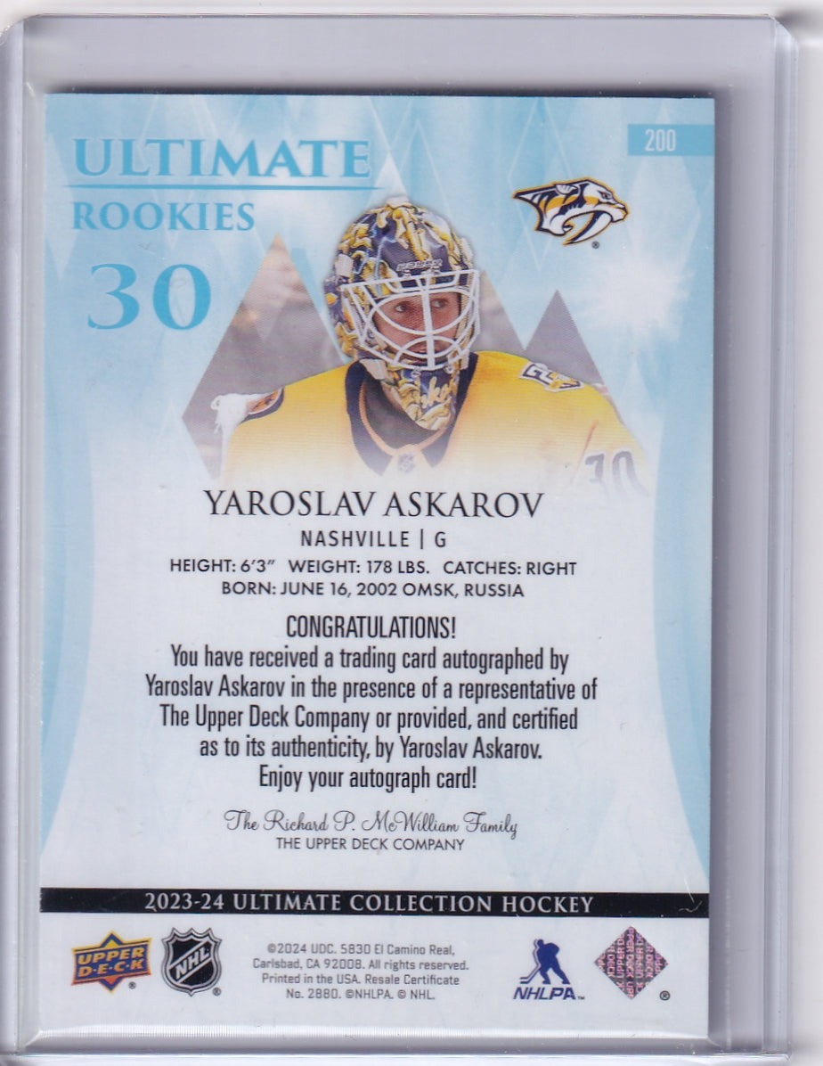 Yaroslav Askarov Ultimate Rookies Auto Card  /299 #200 2023-24 Upper deck Ultimate Collection Rookie Card RC Nashville Predators