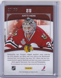 Antti Niemi Championship Gear Patch 20/50 Card #29 2010-11 Panini Dominion Chicago Blackhawks
