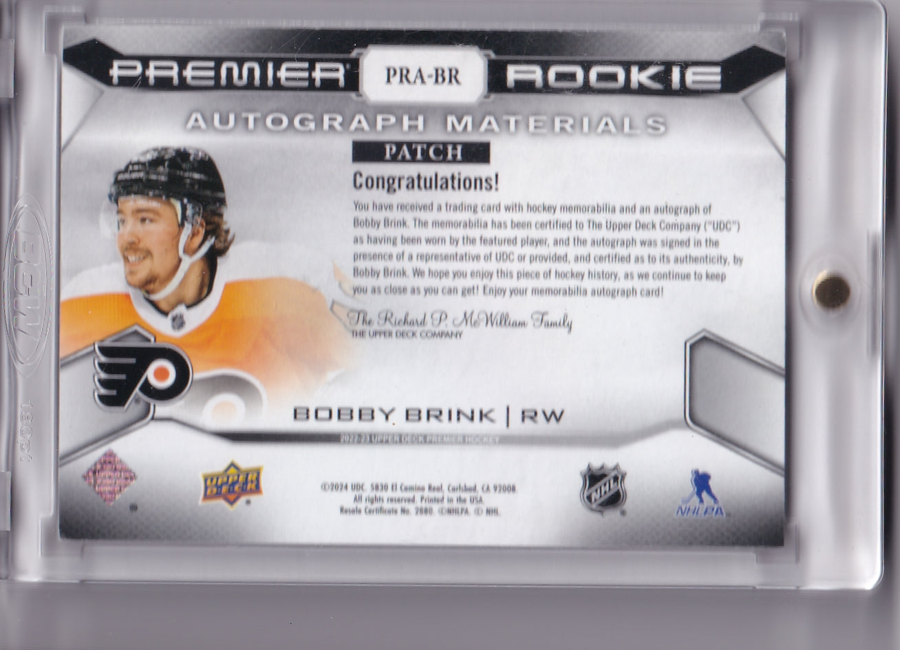 Bobby Brink Premier Rookie Autograph Materials /15 PRA-BB 2022-23 Upper Deck Premier Rookie Card RC Philadelphia Flyers