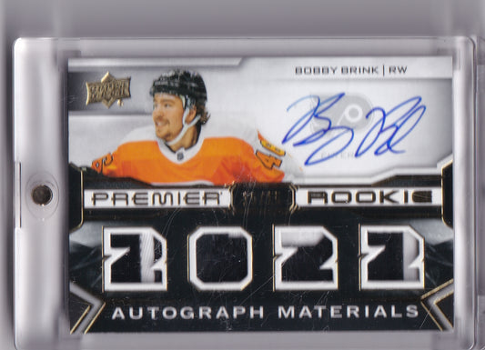 Bobby Brink Premier Rookie Autograph Materials /15 PRA-BB 2022-23 Upper Deck Premier Rookie Card RC Philadelphia Flyers