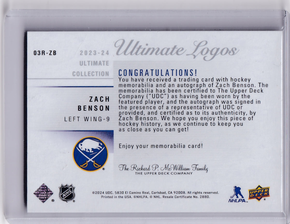 Zach Benson Ultimate Logos Jersey Rookie Auto /99 2023-24 Upper Deck Ultimate Collection Rookie Card RC Buffalo Sabres