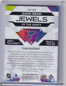 Zach Dean Jewels Of The Draft Rookie Patch Auto 49/99 Card JD-ZD 2024-25 Upper Deck Black Diamond Rookie Card RC St. Louis Blues